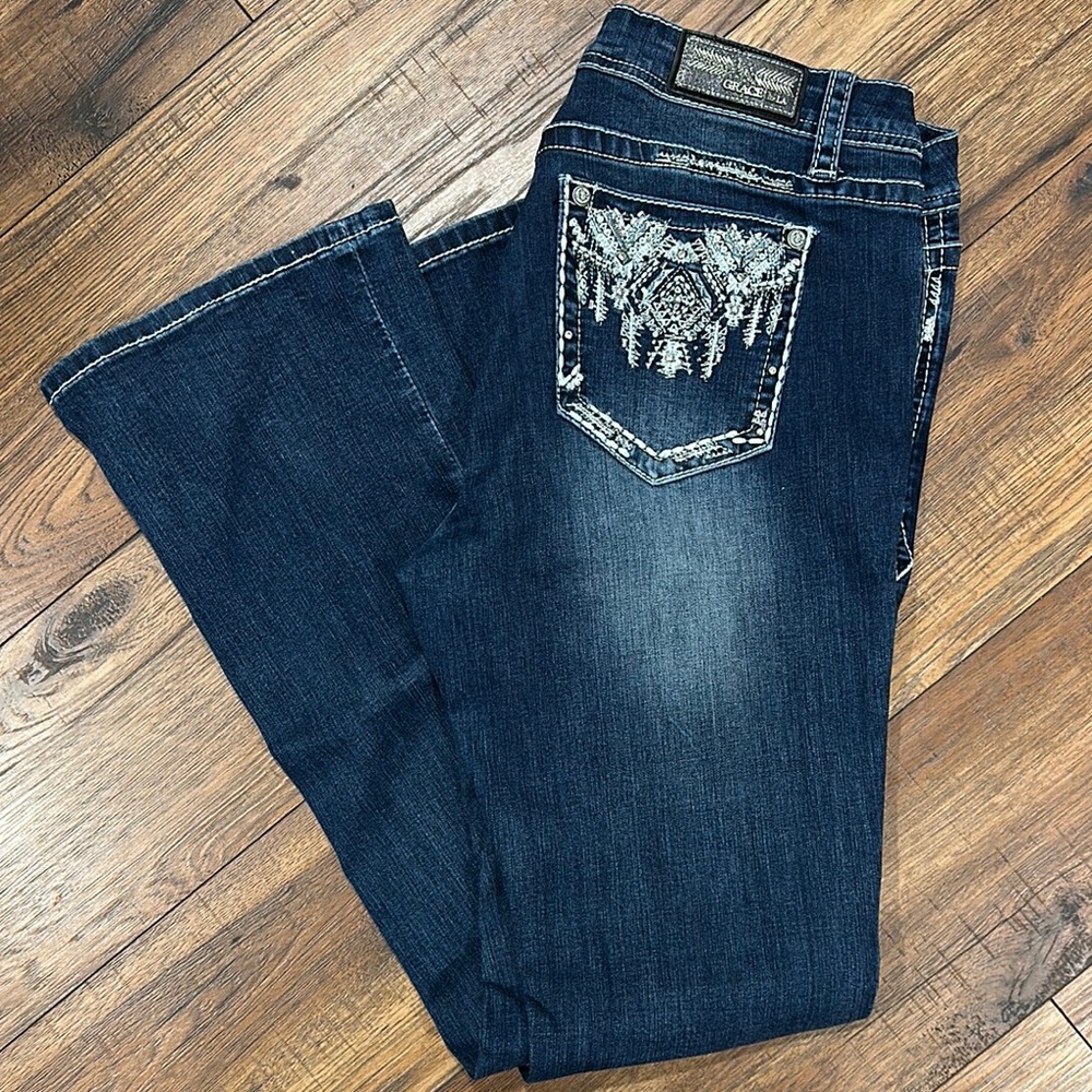 Grace Dark Blue Flare Jeans with Embellished Pocket
